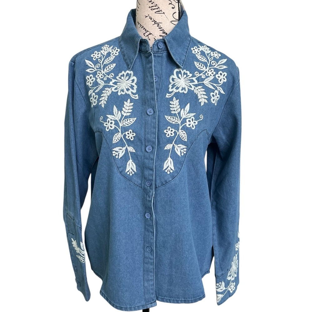 Solitaire Blue Denim Shirt with White Embroidery
